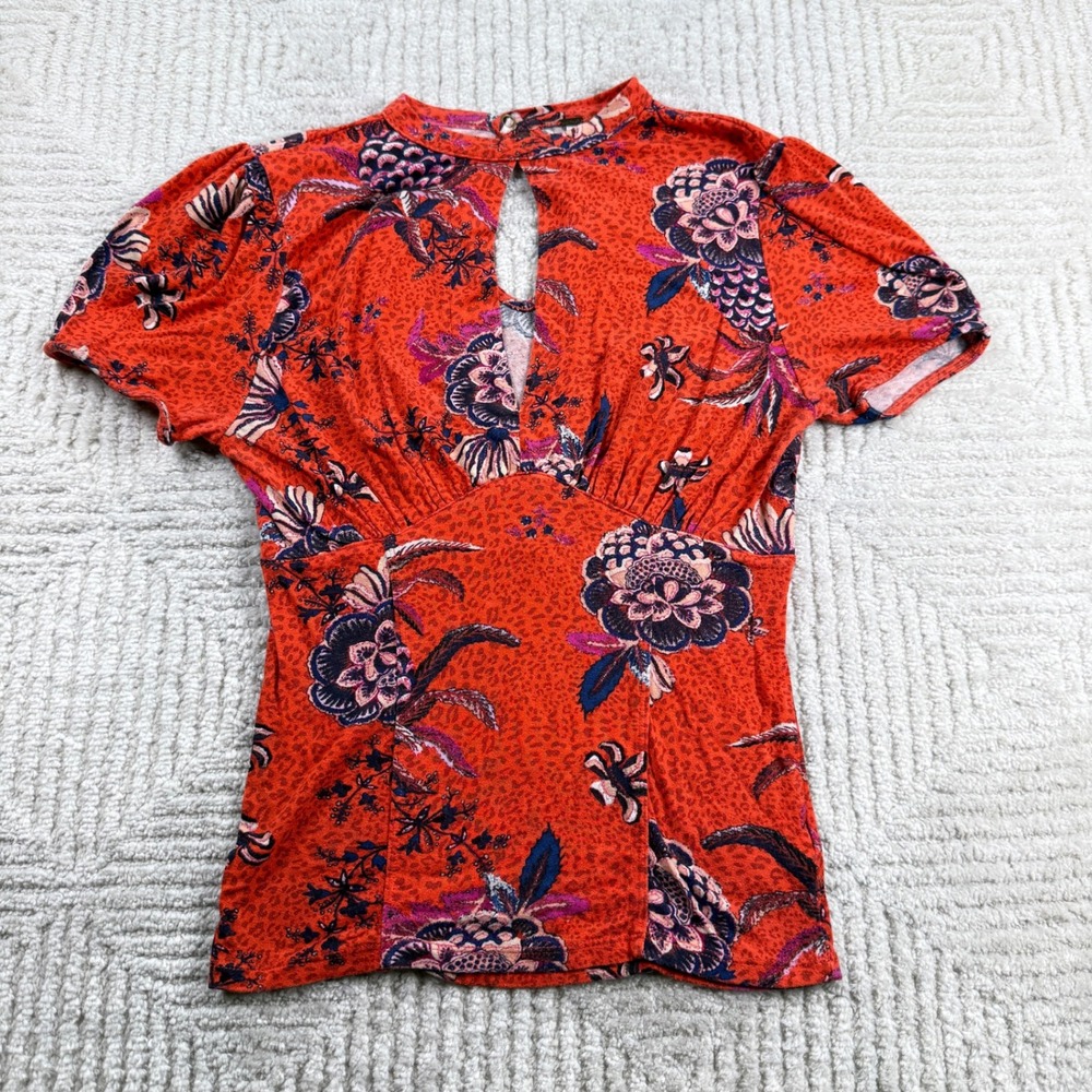 Free People Keyhole Neck Top Women's Small Orange Floral Pineapple Boho Indie
